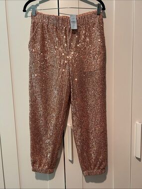 LOFT Rose Gold Sequin Cropped Jogger Pants